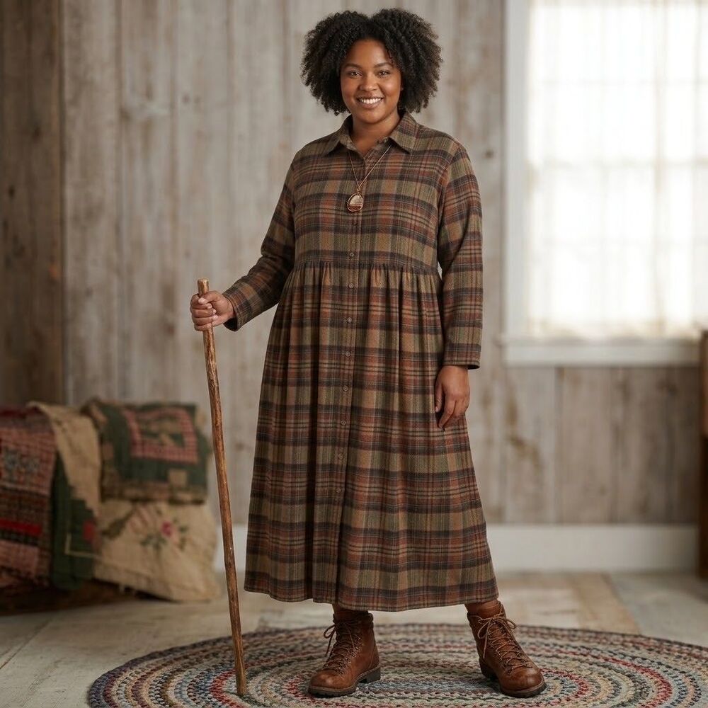 VTG Eddie Bauer Plaid Maxi Dress Size XXL Wool Cotton Flannel Button Up Pockets